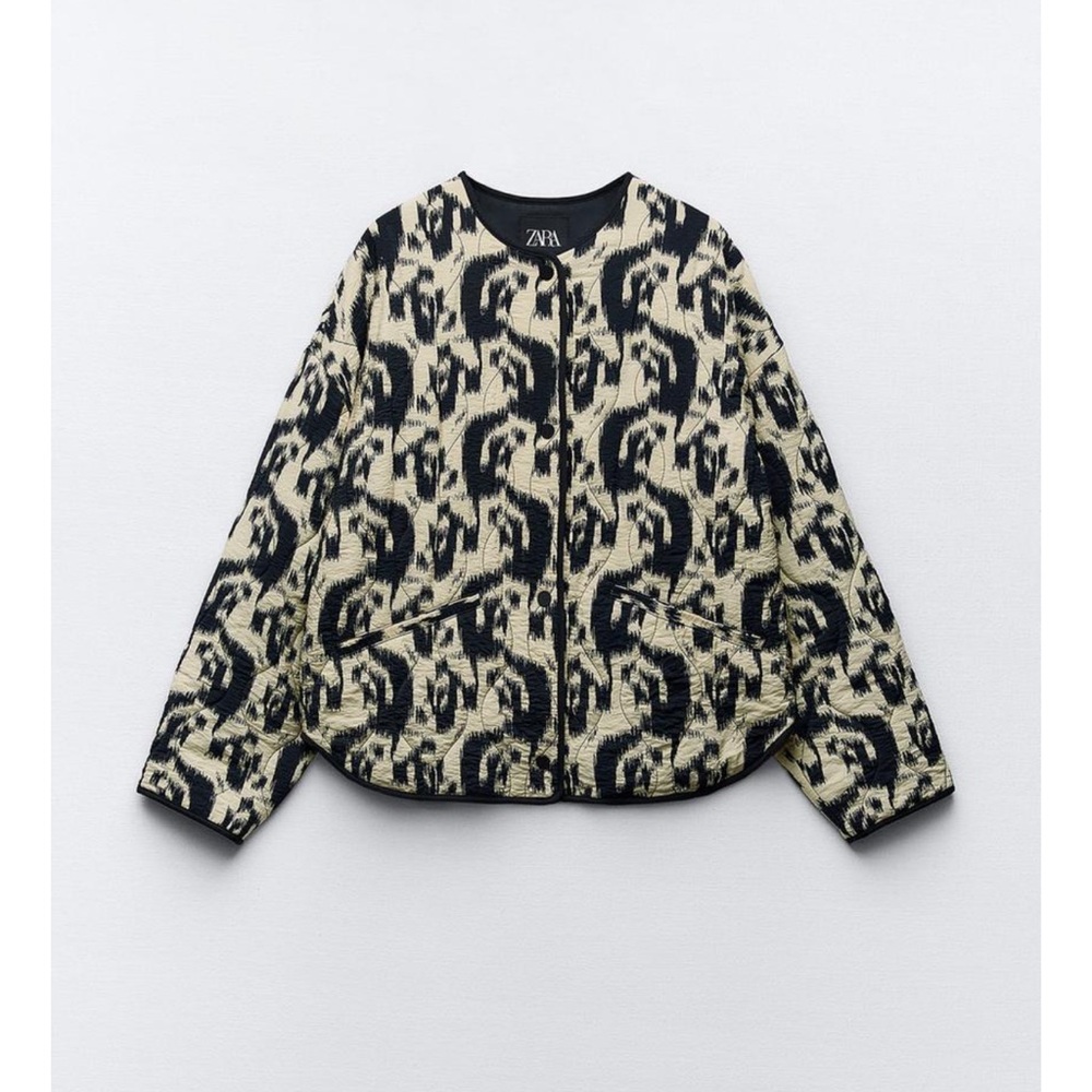 Zara Black and Cream Patterned Jacket animal print puffer